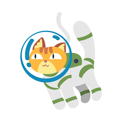 Cat Pet in Space Suit and Helmet Floating Vector Illustration. Trained and Equipped Animal Cosmonaut Conquering Galaxy and Outer Space Concept