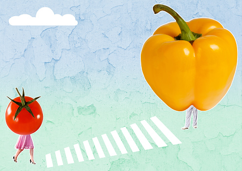 Unexpected Fusion. Composite Collage. The tomato girl rushes towards the pepper man.