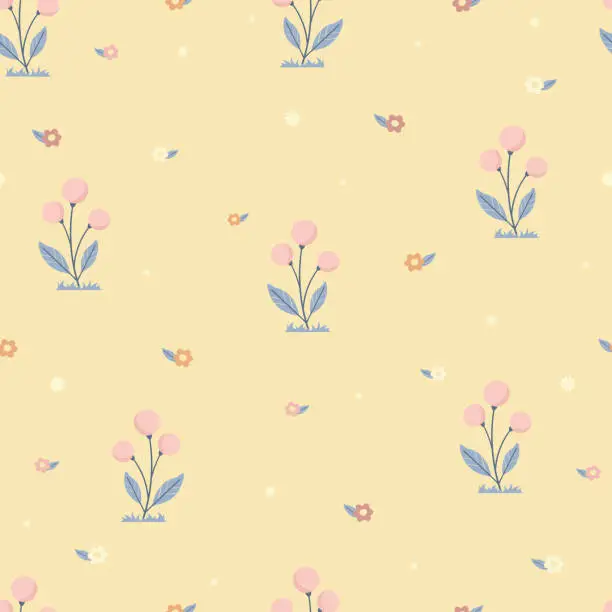 Vector illustration of Colorful simple summer meadow seamless pattern. Leaves and flowers on beige background.
