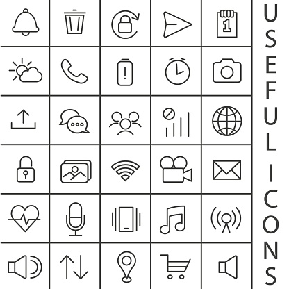 Icons are always needed. Music and image settings interface.  Set of linear vector icons. EPS 10.