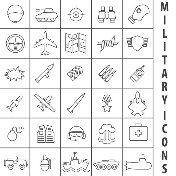 ilustrações, clipart, desenhos animados e ícones de ícones militares. ícones militares simples de linha fina. ilustração vetorial. - silhouette computer icon handgun satellite