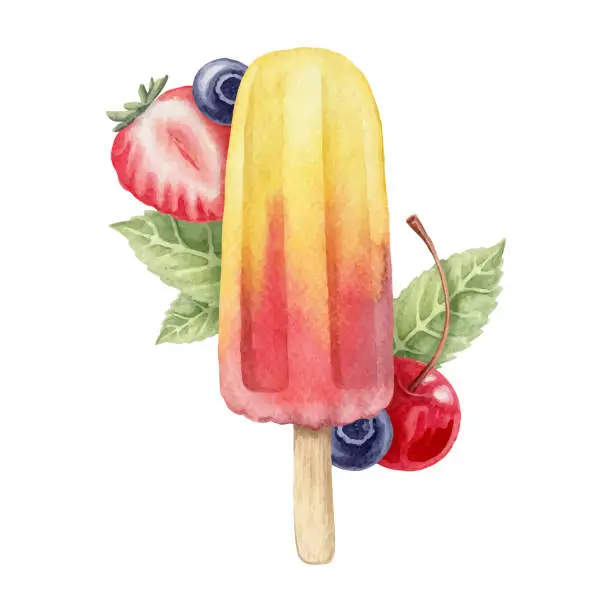 Vector illustration of Fruit Ice Cream with berries and mint leaves watercolor hand painted vector illustration. Yellow and red Juicy dessert for product design.