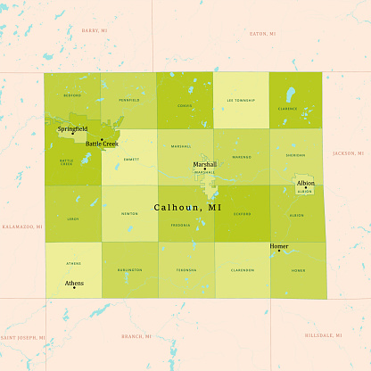 MI Calhoun County Vector Map Green. All source data is in the public domain. U.S. Census Bureau Census Tiger. Used Layers: areawater, linearwater, cousub, pointlm.