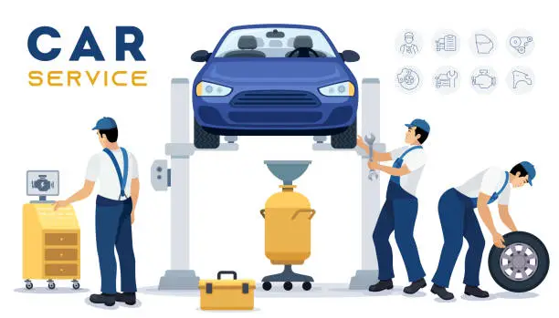 Vector illustration of Auto service and repair. Team of Mechanics repairing a car in a garage.