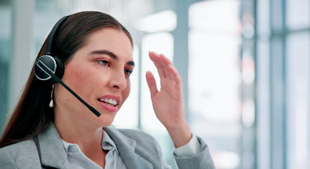 Woman, headset or call as help desk, problem or glitch in telemarketing, crm or communication. Female customer care agent, consultant or mic to support, fix or advice as solution to 404 in business