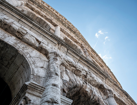 External view of the monumental three-story Colosseum in Rome. The Colosseum is the reference point for tourists visiting this wonderful city