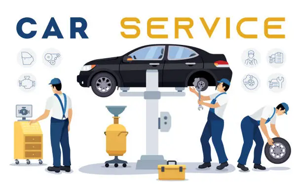 Vector illustration of Auto service and repair. Team of Mechanics repairing a car in a garage.