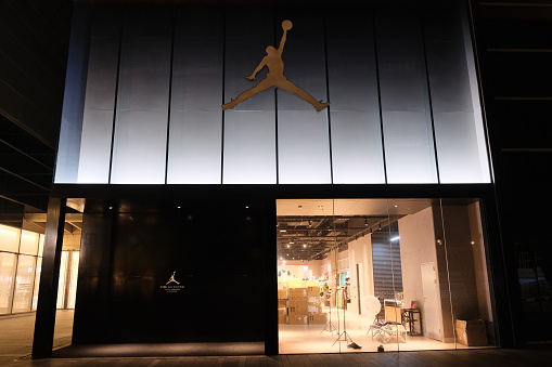 Shanghai,China-July 30th 2023: large Jordan brand flagship retail store at night