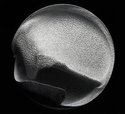 3d render of monochrome black and white abstract art with surreal ball or sphere based on motion small aluminium chrome dust particles in splash as water wave on isolated black back