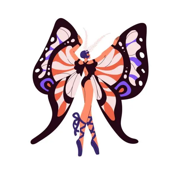 Vector illustration of Ballerina in butterfly stage costume. Ballet dancer wears fairytale character suit back view. Girl in clothes with wings for masquerade, carnival. Flat isolated vector illustration on white background