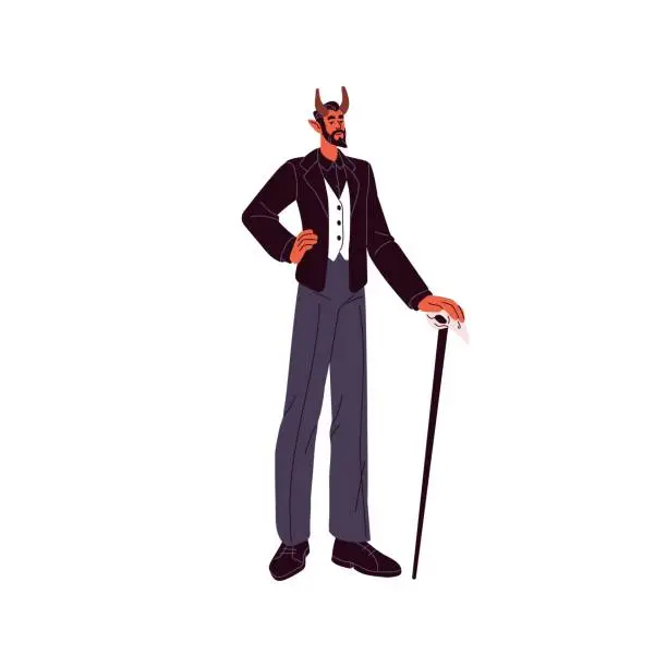 Vector illustration of Adult rich man in satan costume on Halloween masquerade. Lucifer character with horns leaned on cane. Devil, demon suit for Helloween carnival. Flat isolated vector illustration on white background