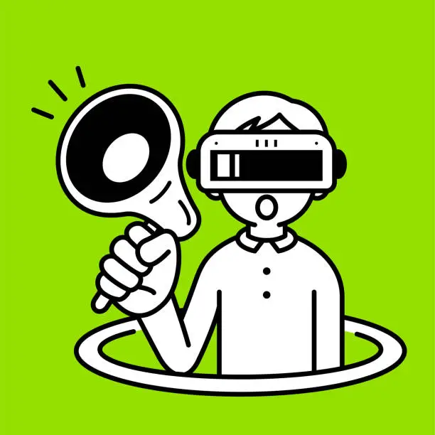 Vector illustration of A boy wearing a virtual reality headset or VR glasses pops out of a virtual hole and into the metaverse, talking through a megaphone, minimalist style, black and white outline