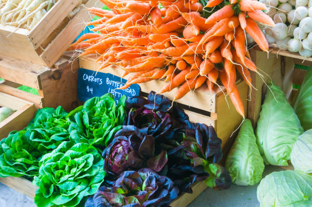 A colorful Vermont farmers market display  shows a variety of locally grown fresh produce including carrots, butterhead lettuce, and cabbage. .