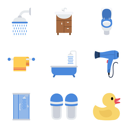 Bathroom line icon set for taking a shower, taking a bath, and general hygiene. Vector Illustration