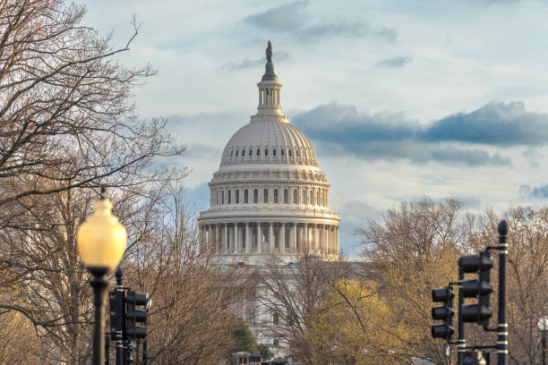 washington dc - us - mar 23, 2024  the iconic u.s. capitol dome standing tall against the sky. at its pinnacle, the statue of freedom. a striking white silhouette against the  nations capital. - editorial dome sky cloud imagens e fotografias de stock