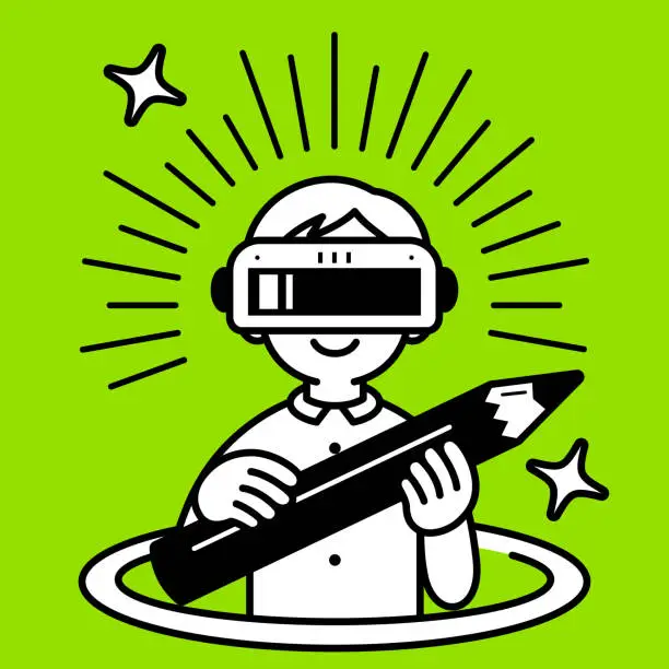 Vector illustration of A boy wearing a virtual reality headset or VR glasses pops out of a virtual hole and into the metaverse, he holds a big creative pencil, minimalist style, black and white outline