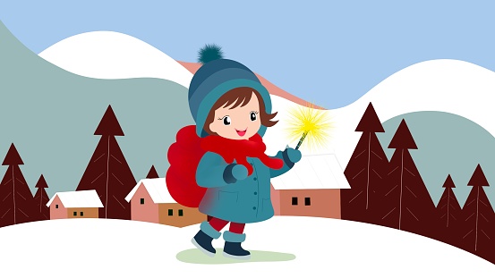 Winter walk and adventure of dreamy girl, a girl skating on a frozen hill in winter, Cartoon young woman hiking alone to enjoy mountain landscape, skyline with white snow