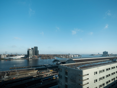 a view from the 8th floor of the Amsterdam Central station, IJ river and 'Noord'