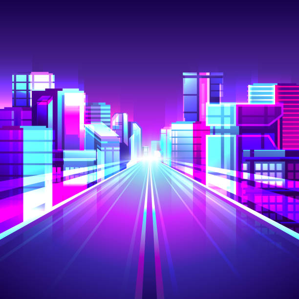 istock Straight night road through neon city street. 2148161863
