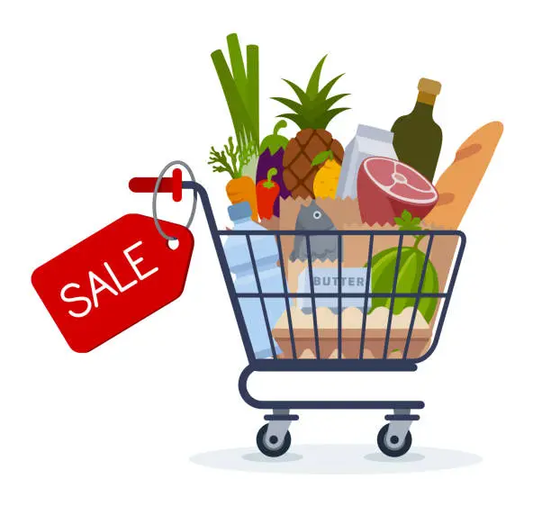 Vector illustration of Grocery shopping promotional sale advertisement. Shopping trolley full of food, fruit, products, and grocery goods.