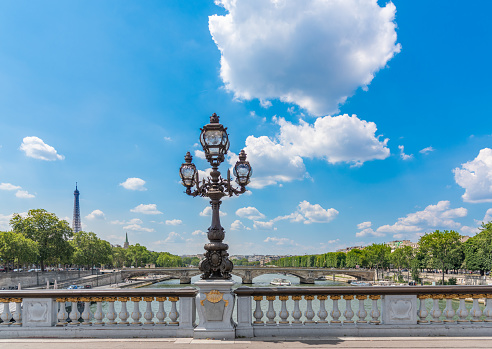 Lamppost in Alexander III bridge with Eiffel tower on the background. Paris, France