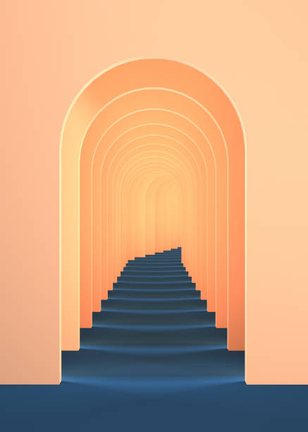 istock 3d surreal render. Abstract arch tunnel peach pastel contrast color background. 2148162463