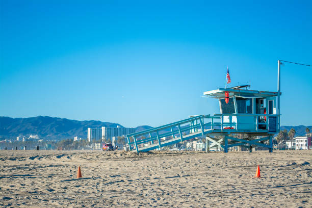 istock Lifeguard tower under a blue sky at in Los Angeles 2148162520