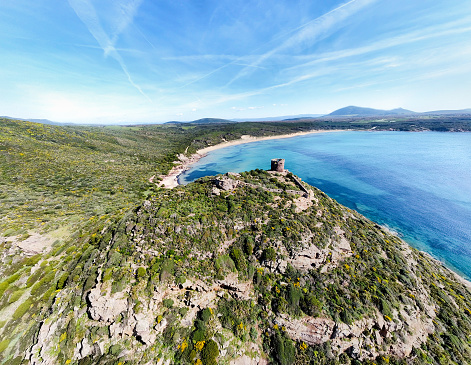 Aerial view of Porto Ferro shore in springtime. Sardinia, Italy