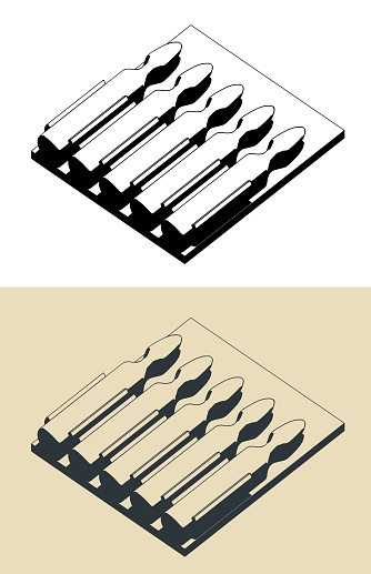 Stylized vector illustrations of a glass ampoules with medicament for injection