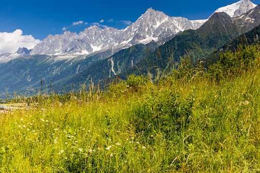 Val Veny and Val Ferret stage of Tour du Montblanc beautiful mountain peaks and green valley landscape. TMB trekking route scenic landscape in italian Alps in Courmayour, Aosta valley alpine scene