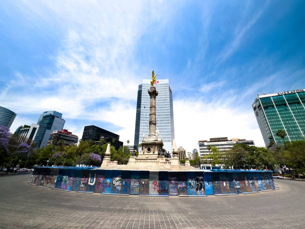 Mexico City, Mexico, April 2nd, 2024. Independence Monument roundabout in downtown Mexico City, closed to the public with metal plates.