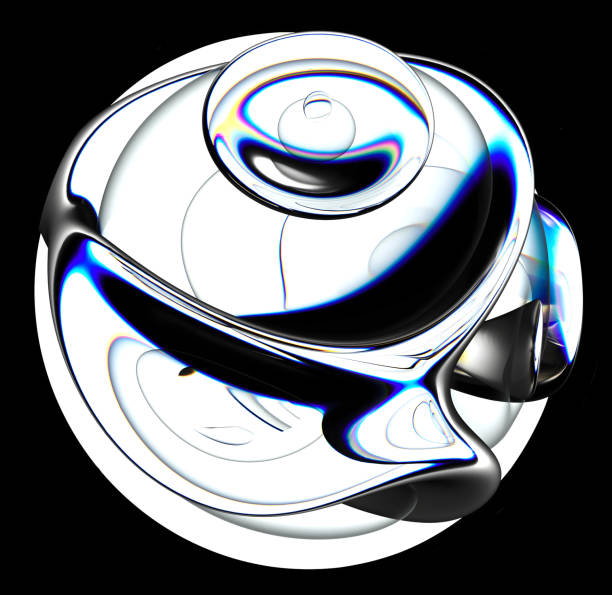 3d render abstract art with surreal glass sphere or ball in deformation in curve wavy round lines forms with dispersion rainbow color spectrum prism effect on isolated black background