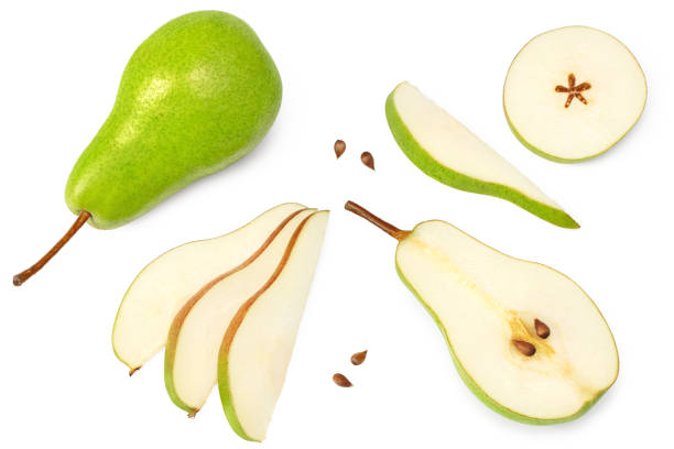 istock pear with slices isolated on white background. Clipping path. top view 2148164971