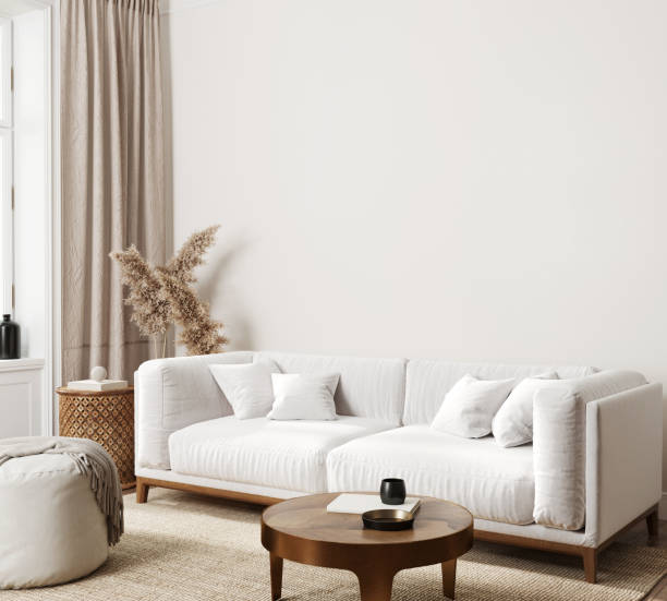 istock Home interior background, modern living room, blank wall, 3D render 2148165024