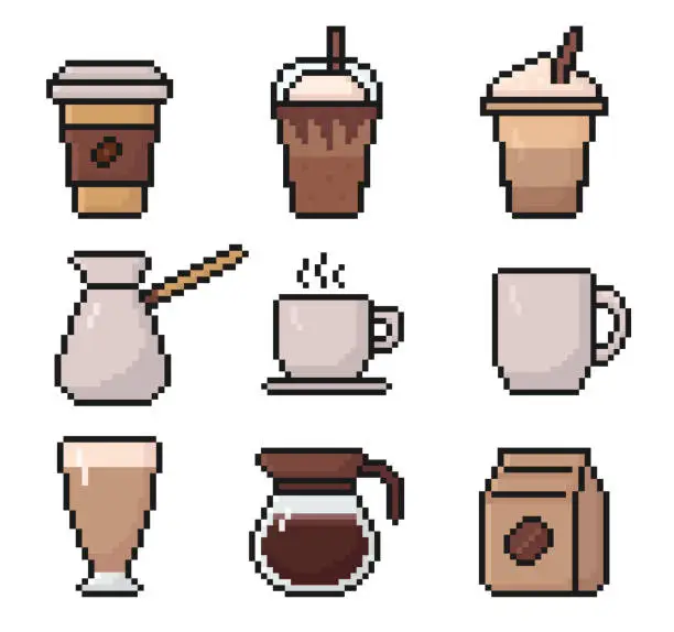 Vector illustration of coffee pixel art set of icons, vintage, 8 bit, 80s, 90s game style, computer arcade game items, coffee cup, latte, frappe, cappuccino, cezve, coffee pot, package, cup, mug, vector illustration