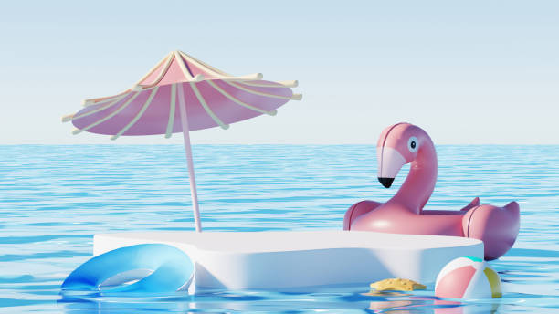 istock 3D render, minimal Summer background with empty podium or pedestal platform for showing product, cosmetic scene for mock up, beach swim elements decoration. 2148165671