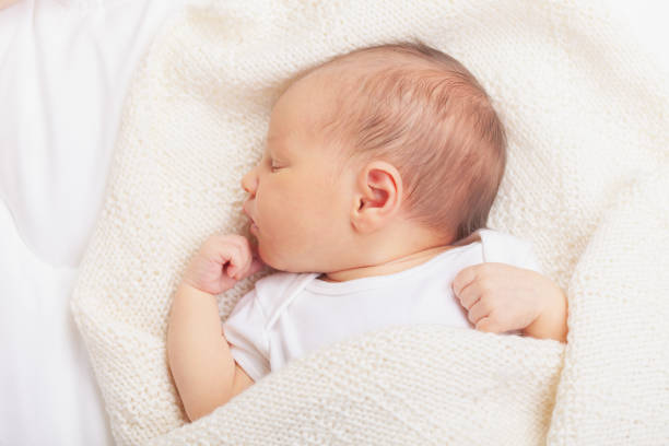 istock Newborn Baby Asleep Wrapped in Knit Blanket 2148165879