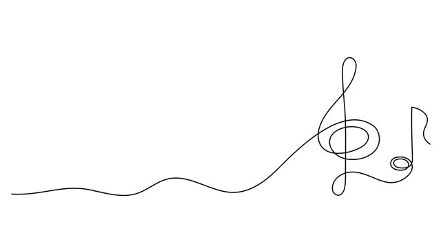 Treble clef and musical note one line art animation, hand drawn continuous contour drawing motion. Artistic creative concept, minimalist template outline.