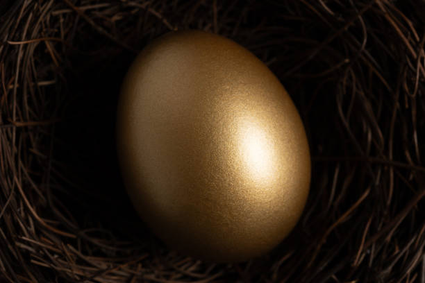 istock Close-up view of Golden egg in nest on a dark table. Easter concept. 2148166908
