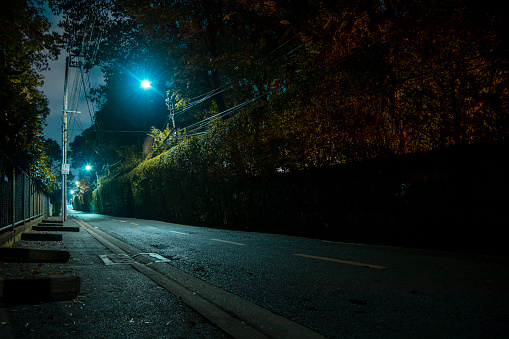 A dark street with a fence on the side. The street is wet and the lights are on
