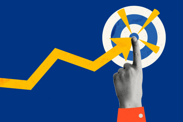 Achieve goal concept art collage. Rising arrow chart and halftone hand pointing to center of dartboard. Business goal, achieve targets, success. Trendy modern retro vector illustration