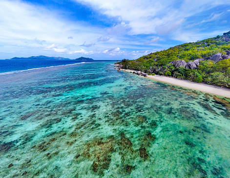 Aerial view of Anse Source d'Argent beach coral reef. La Digue island, Seychelles