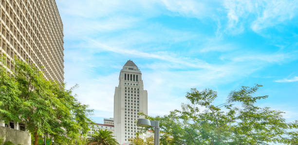 istock Los Angeles city hall under a blue sky with clouds 2148170447