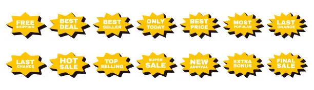 Vector illustration of Collection of starbust badge label for sale promotion. Yellow and Black sticker set with text.