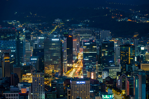 Aerial view of the capital city of Seoul in South Korea, seen at night.