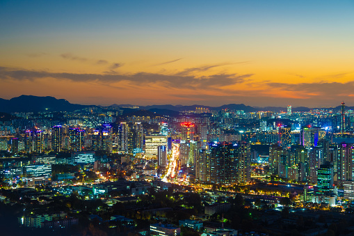 Aerial view of the capital city of Seoul in South Korea, seen at sunset.