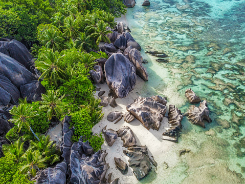 Aerial view of Anse Source d'Argent shoreline. La Digue island, Seychelles