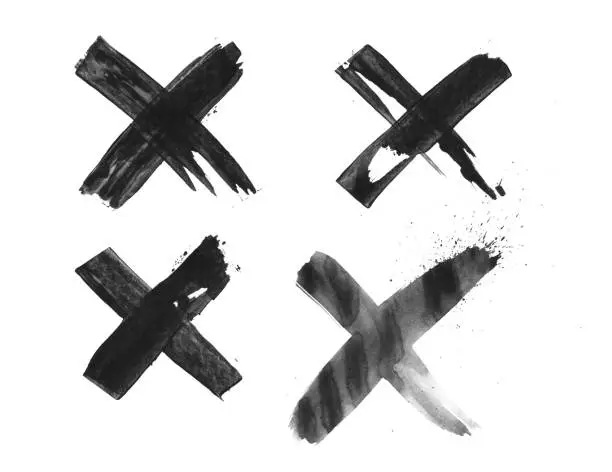Vector illustration of Expressively painted x signs with texture effect - four abstract single uneven messy objects isolated on white paper background - unique illustration in vector - graphic template design in black made by acrylic paint