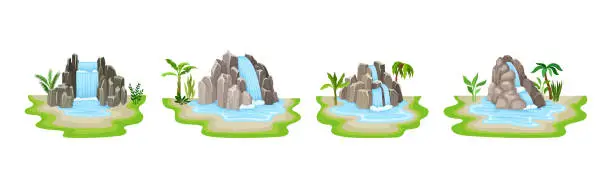 Vector illustration of Waterfall Falls from Stone Rock or Cliff Vector Set