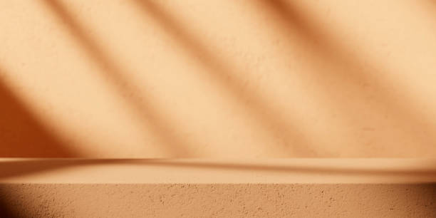 Brown background podium stage for luxury product placement mockup.  Neutral aesthetic empty room with earthy tone wall and shadow light home interior showroom.